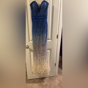 Strapless Gradient Beaded Evening Gown in Royal Blue to Ivory Ombre